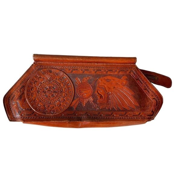 Vintage Abtik Hand-tooled Mayan Print Leather Clutch - Picture 2 of 16